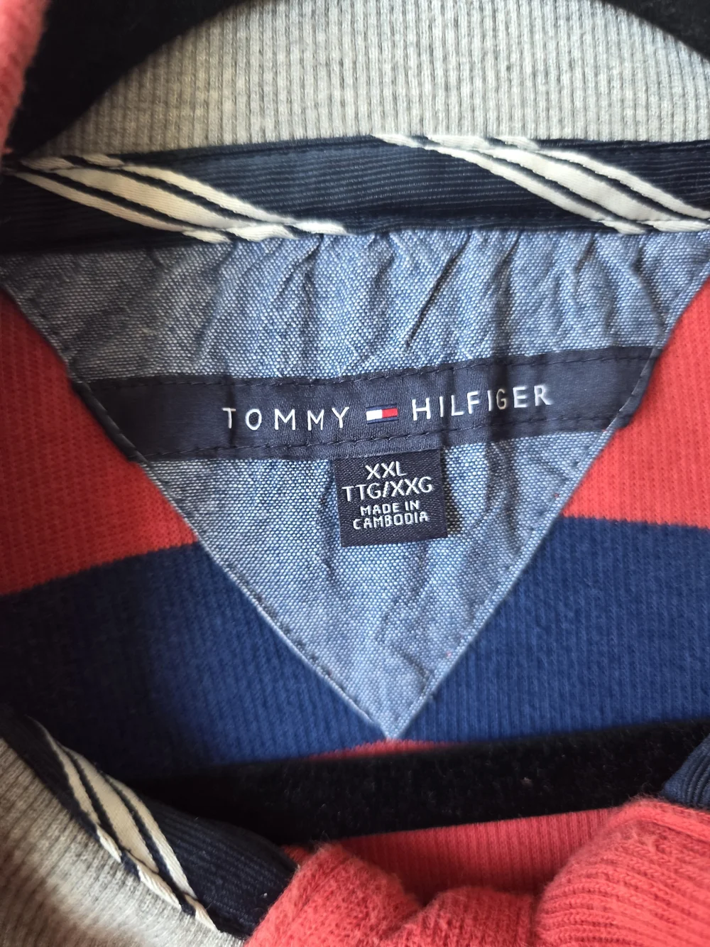 Tommy Hilfiger Men’s XXL Red Navy Striped Mock Neck Button Pullover Sweater